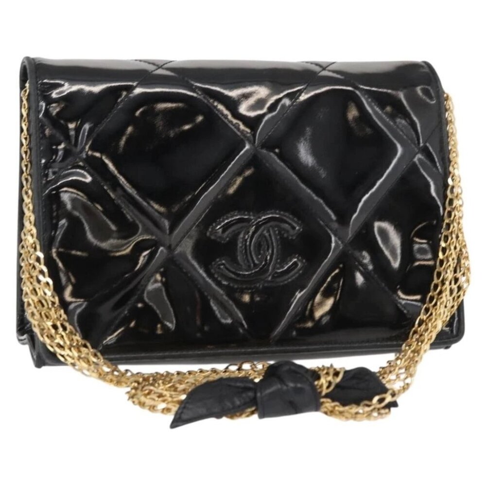 CHANEL Matelasse Chain Shoulder Bag Enamel Black Gold CC